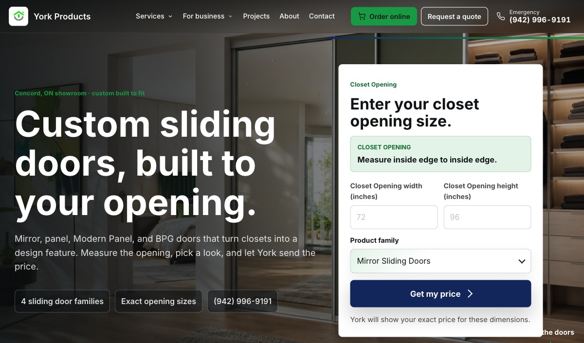 Home page of York Products, custom sliding doors in Concord, Canada
